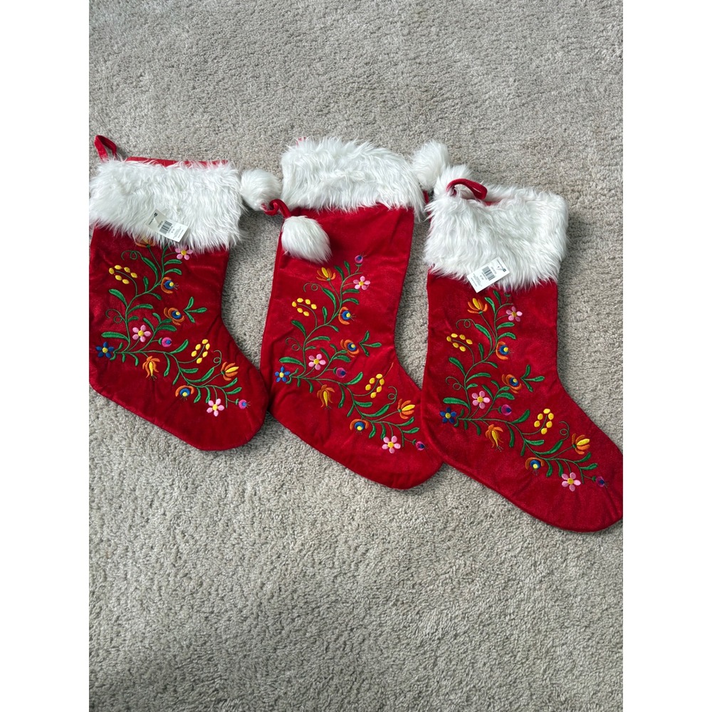 Nantucket Distributing Red Velvet Floral Embroidered Christmas Stockings Set of3